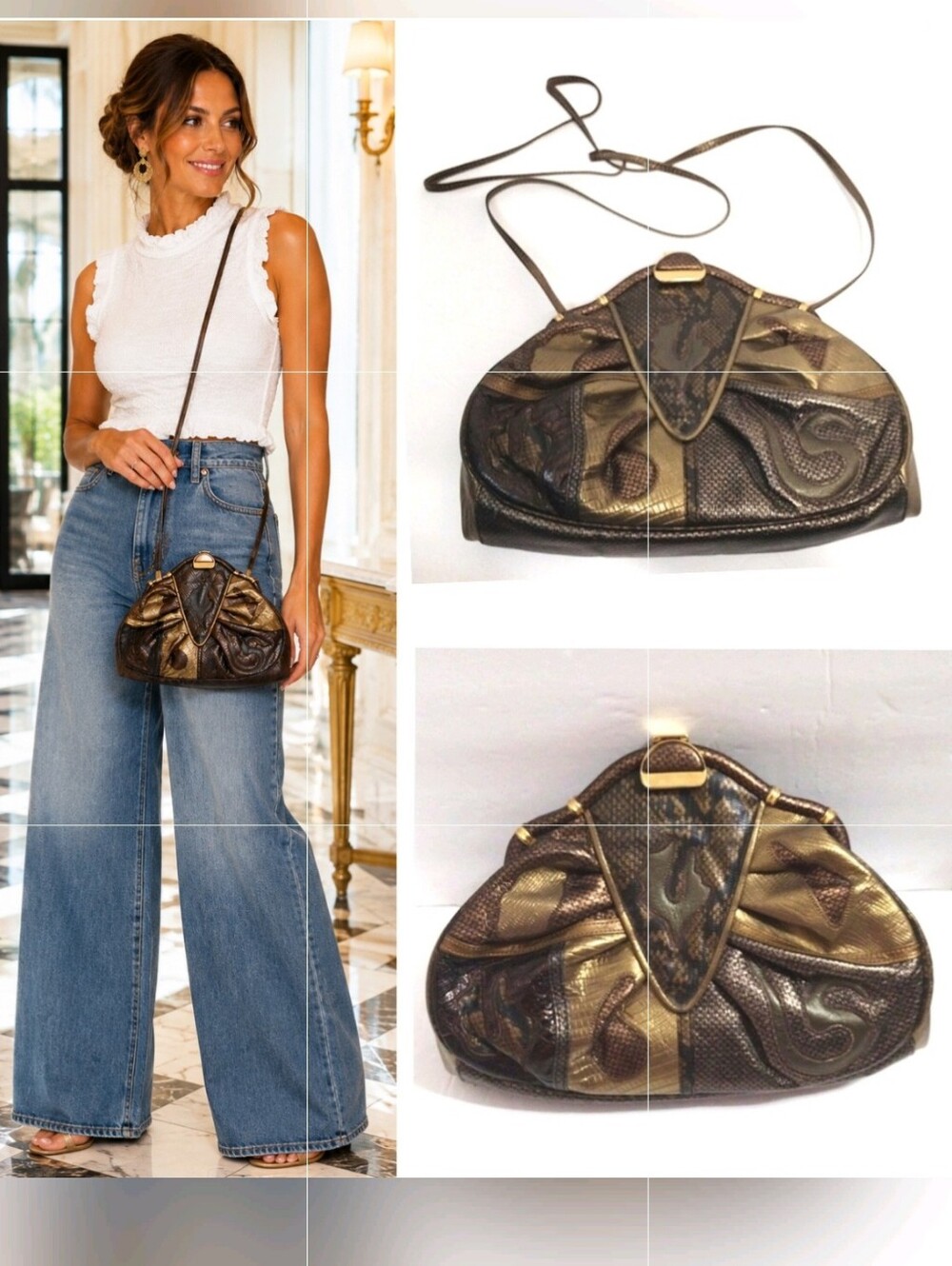 Sharif Vtg Reptile Embossed Leather Patchwork Convertible Clutch Crossbody Bag